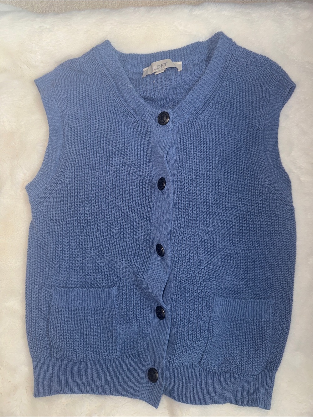LOFT Light Blue Sleeveless Button-Front Knit Vest